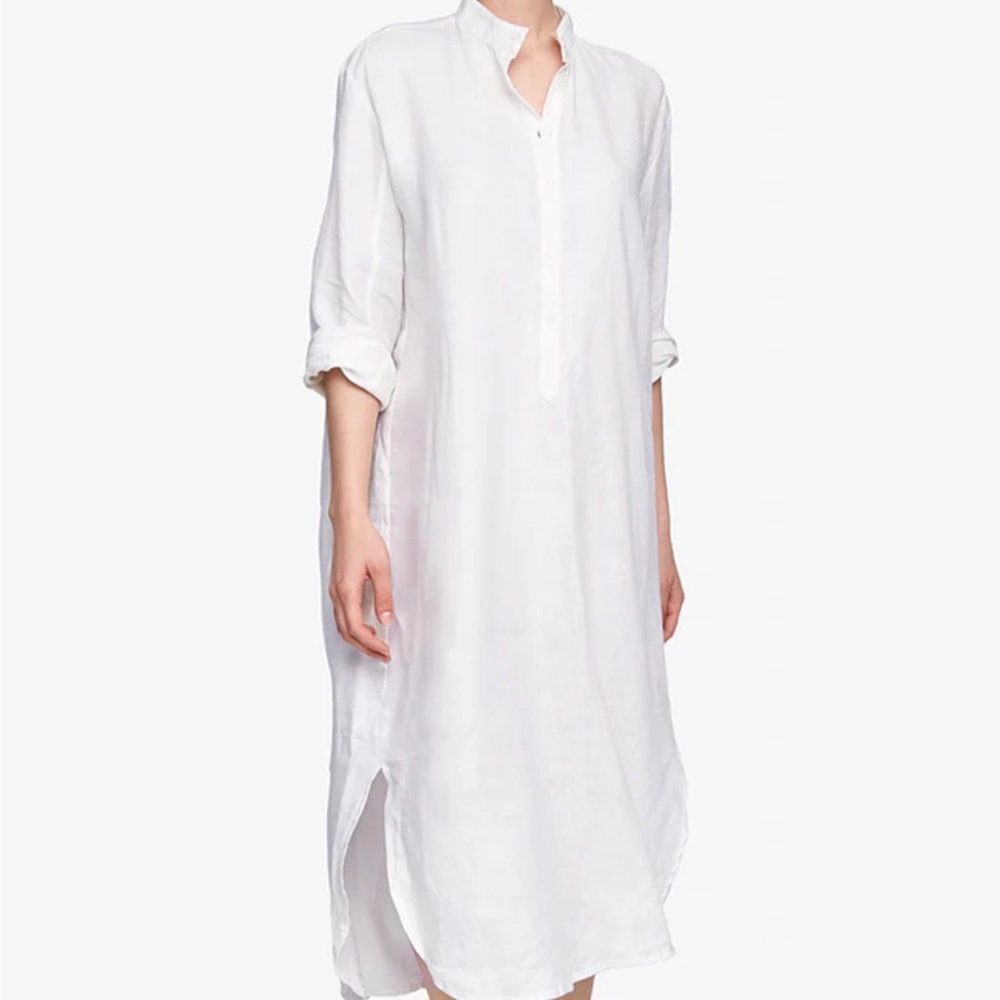 THE SLEEP SHIRT Linen Ankle Length Sleep Shirt Brown Pinstripe Linen